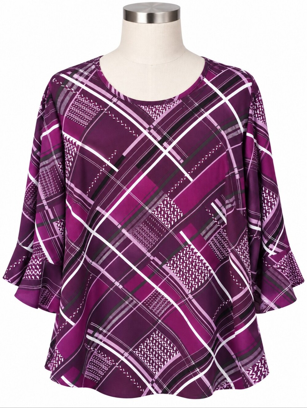 Catherines Womens Plus Size 2X Tunic Top Purple Plaid Geometric Bell Sleeve Fall